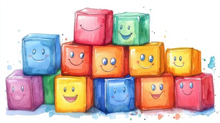 Colorful building blocks with cheerful faces, perfect for children's play and creativity. Ideal for educational and playful themes.