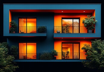 Modern apartment building illuminated at night with orange accents