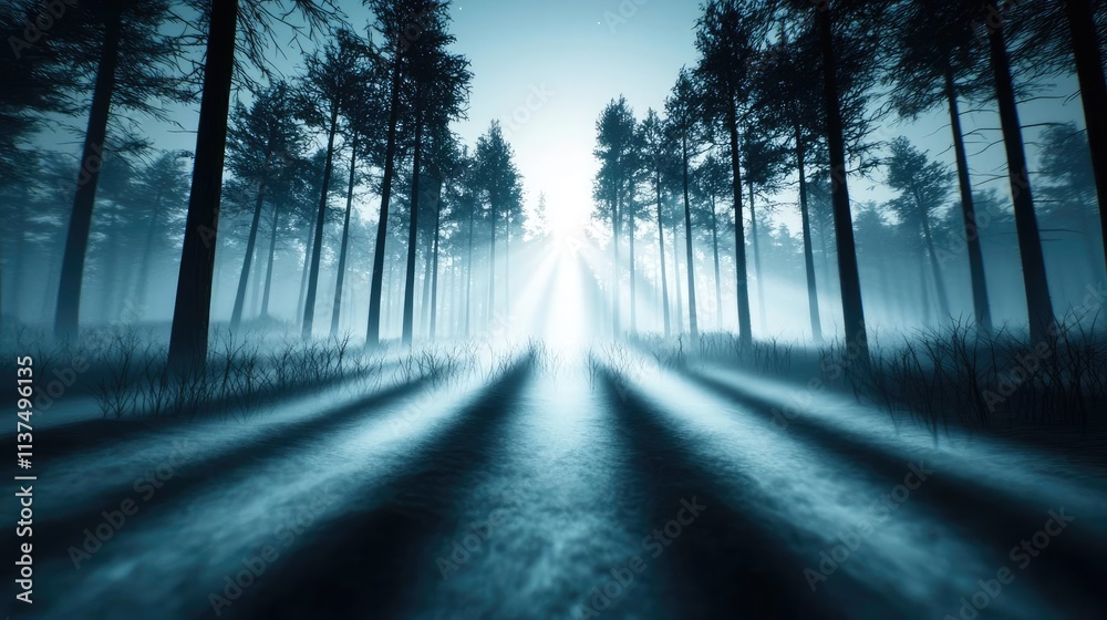 Fototapete Mysterious fog idea. Mysterious forest with fog and beams of light creating an ethereal atmosphere.