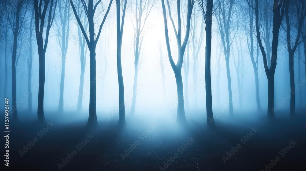 Poster Mysterious fog idea. Mysterious fog envelops a serene forest, creating an ethereal atmosphere.