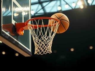 Fototapeta premium The ball arcs beautifully, scoring a basket with a smooth motion and satisfying swish sound