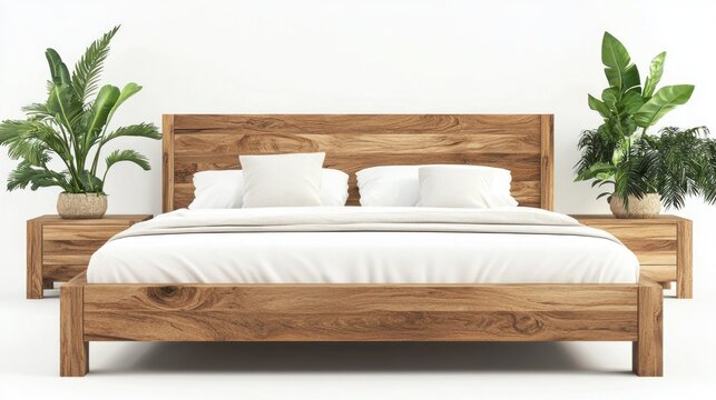 Modern Wooden Bed Frame with Tropical Plants in Minimalist Bedroom