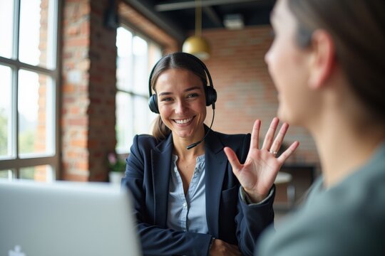 Professional Business Woman in Office Setting Wearing Headset Engaging in Virtual Meeting, Ideal for Business Marketing and Website Design