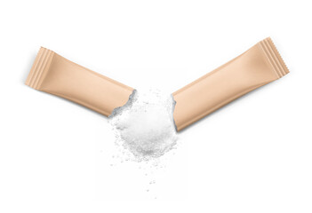 Torn realistic kraft stick pack with product on white background. Possibility use for sugar, granulated, powder products.  Vector illustration. EPS10.