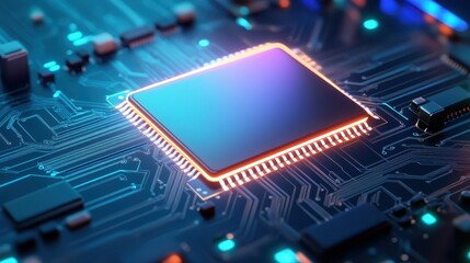 Intricate closeup, exploring the complex architecture of a computer chip on circuit board