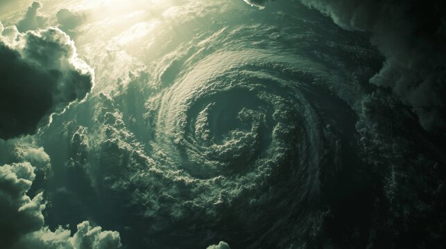 An impressive aerial view of swirling cyclone clouds creating a dramatic scene in the sky, ideal for weather-related projects, natural disasters, and themes of nature's immense power.. AI Generation