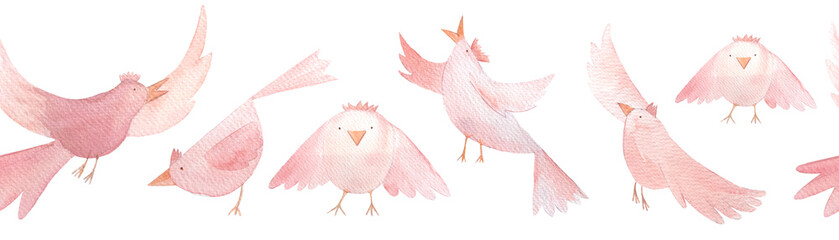Birds flying, singing, cartoon characters, hand painted watercolor seamless border isolated on white. High quality pink clip art great for children decor, wrapping paper, textile, stationary design
