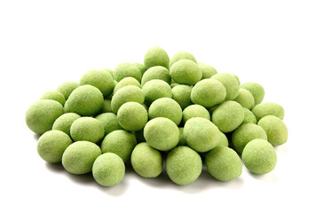 Pile of whole  wasabi coated peanuts isolated on white.