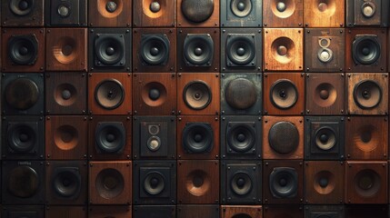 Wall of vintage speakers arranged in grid pattern