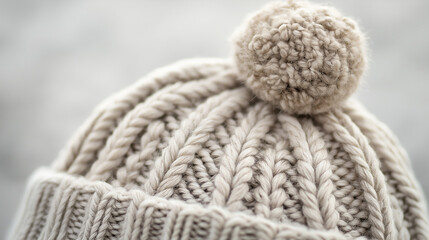 Close-up of a knitted grey winter hat with textured pattern