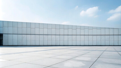 Urban industrial building with glass exterior, garage, and warehouse under a blue sky with clouds
