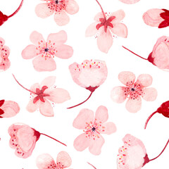 Pink sakura flowers seamless watercolor pattern isolated on white. Hand painted high quality illustrations for wrapping paper, textile, cards, wedding invitations, beauty salon ads, packaging. Spring