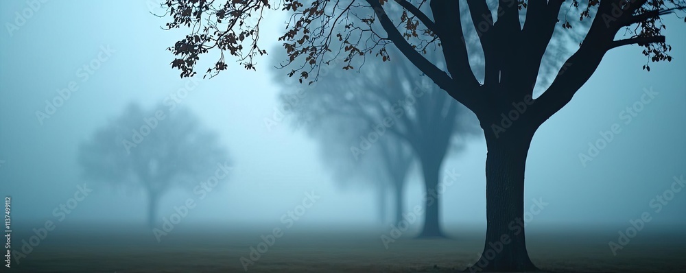 Poster mysterious fog idea. ethereal landscape featuring silhouetted trees in a misty atmosphere.