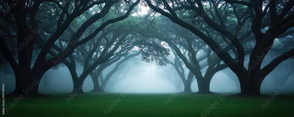 Poster Mysterious fog idea. Mysterious fog envelops ancient trees, creating a serene and enchanting landscape.