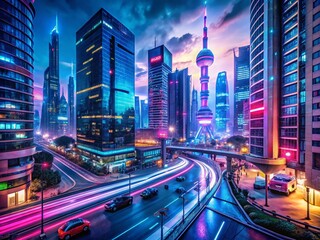 Fototapeta premium Futuristic City Nightscape: Neon Lights & Cyberpunk Architecture - AI Generated Photo