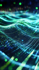 Abstract data streams flowing in neon green and electric blue, forming dynamic digital waves.