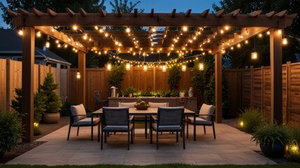 Fototapeta premium A beautifully lit outdoor dining area under a pergola adorned with fairy lights, featuring a table set for social gatherings amidst greenery and a cozy ambiance