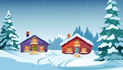 Winter landscape with snow covered fir trees and wooden houses. Vector illustration.