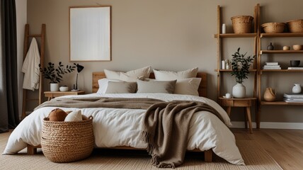 A modern bedroom featuring a stylish wooden bed with plush pillows and a warm blanket, accented by a minimalist shelf and soft tones for a calming vibe.