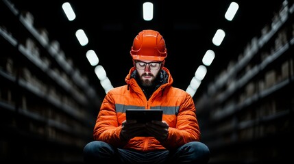 A focused warehouse worker in an orange jacket and hard hat uses a tablet for inventory management in a well-lit storage facility surrounded by shelves.