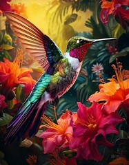 Illustration of colorful hummingbirds hovering near tropical flowers
