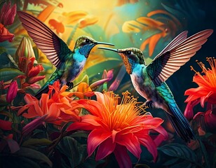 Obraz premium Illustration of colorful hummingbirds hovering near tropical flowers