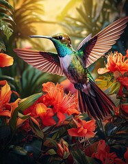 Obraz premium Illustration of colorful hummingbirds hovering near tropical flowers