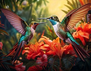 Fototapeta premium Illustration of colorful hummingbirds hovering near tropical flowers
