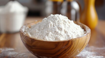 A close-up shot of a wooden bowl filled with flour, placed on a kitchen counter, surrounded by various baking tools and utensils, conveying a warm and inviting baking atmosphere.. AI Generation