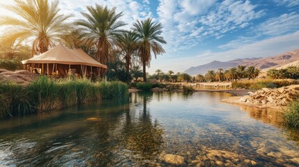 A vibrant desert oasis with clear waters surrounded by palms and a cozy Bedouin tent, inviting calm and refreshment in the desert sun.