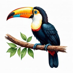 Toucan on Branch: A vibrant watercolor illustration of a toucan perched on a branch, showcasing its striking colors and unique beak. The image captures the essence of tropical beauty and wildlife.