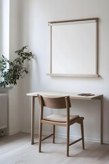A workspace with a wall-mounted desk, a single chair in light wood, and a blank whiteboard as the focal point.