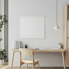 A workspace with a wall-mounted desk, a single chair in light wood, and a blank whiteboard as the focal point.