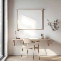 A workspace with a wall-mounted desk, a single chair in light wood, and a blank whiteboard as the focal point.