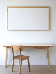A workspace with a wall-mounted desk, a single chair in light wood, and a blank whiteboard as the focal point.