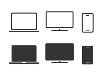 Laptop computer cell phone and desktop pc screen icon vector simple graphic illustration set solid black line stroke outline art, mobile cellphone smartphone blank empty frame sign symbol image
