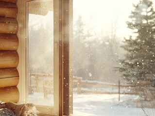 Sunlit cabin window overlooks a serene snowy landscape, capturing the essence of a peaceful winter...