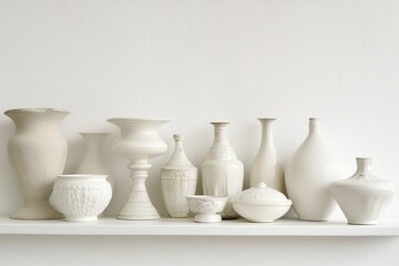 A Row of White Ceramic Vases and Bowls on a Shelf