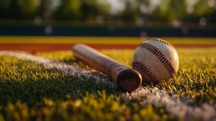 A baseball bat and ball rest on a green field near a white line as the sun sets, casting a warm glow over the scene. Perfect for content related to sports, relaxation, or summer evenings.. AI