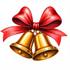 Jingle Bells Holiday Cheer: Two golden bells tied with a vibrant red bow, a festive watercolor illustration perfect for Christmas and holiday greetings.