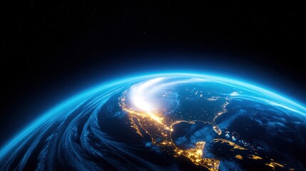 Satellite view of Earth highlighting North America at night.