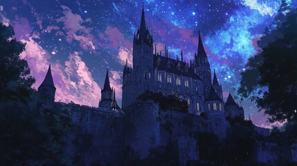 Mystical castle illuminated under starry night sky