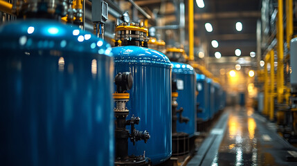 Fototapeta premium Industrial tanks in a modern facility with vibrant blue colors and strong lighting.