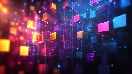 Obraz premium Vibrant digital cubes in a colorful 3D space, representing innovation and creativity.
