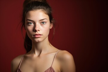 A woman with a green eye stands in front of a red background