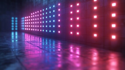 Fototapeta premium Vibrant neon lights reflecting on a wet floor in a dark, futuristic setting.