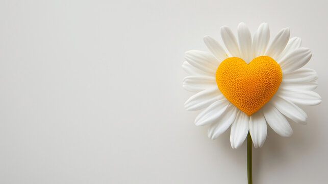 A pristine white daisy with a sunny yellow heart on a light background