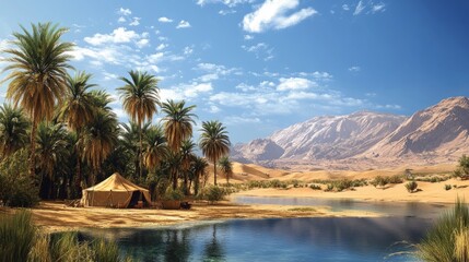 Serene desert scene featuring an oasis with sparkling water, surrounded by date palms and a traditional Bedouin tent, all under a vast blue sky.