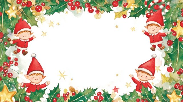 Christmas border with cute elves and holly.