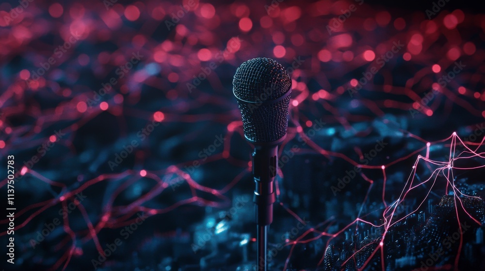 Poster professional microphone surrounded by digital waves in an open space sound art creative environment 